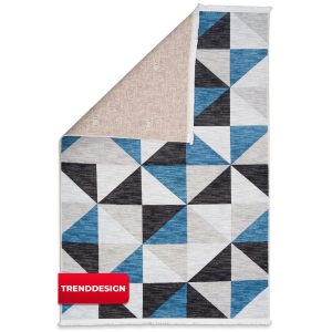 Moderner Teppich Tokyo mit grafischem Dreiecksmuster in Blau, Schwarz und Grau