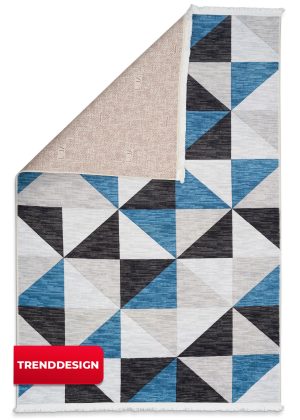 Moderner Teppich Tokyo mit grafischem Dreiecksmuster in Blau, Schwarz und Grau