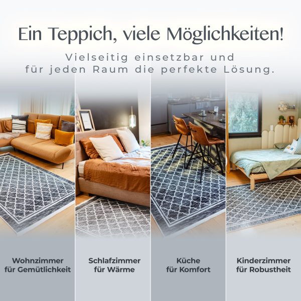 Anwendungsbeispiele des Teppichs Helsinki in Wohn-, Schlaf- und Kinderzimmer