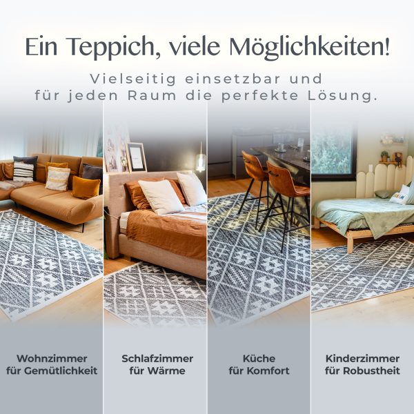 Wohnbeispiele mit dem Teppich Nepal in Küche, Wohnzimmer und Kinderzimmer