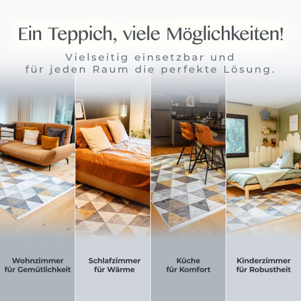 Einsatz des Teppichs Kobe in verschiedenen Räumen – Wohnzimmer, Küche, Kinderzimmer