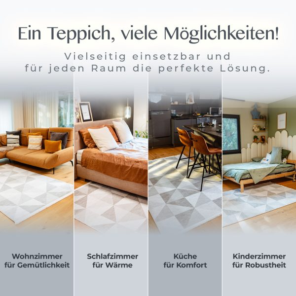 Teppich Osaka in verschiedenen Räumen wie Wohnzimmer, Küche und Kinderzimmer