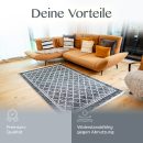 Wohnzimmer mit Teppich Helsinki, ergänzt durch Symbole für Qualität und Formstabilität