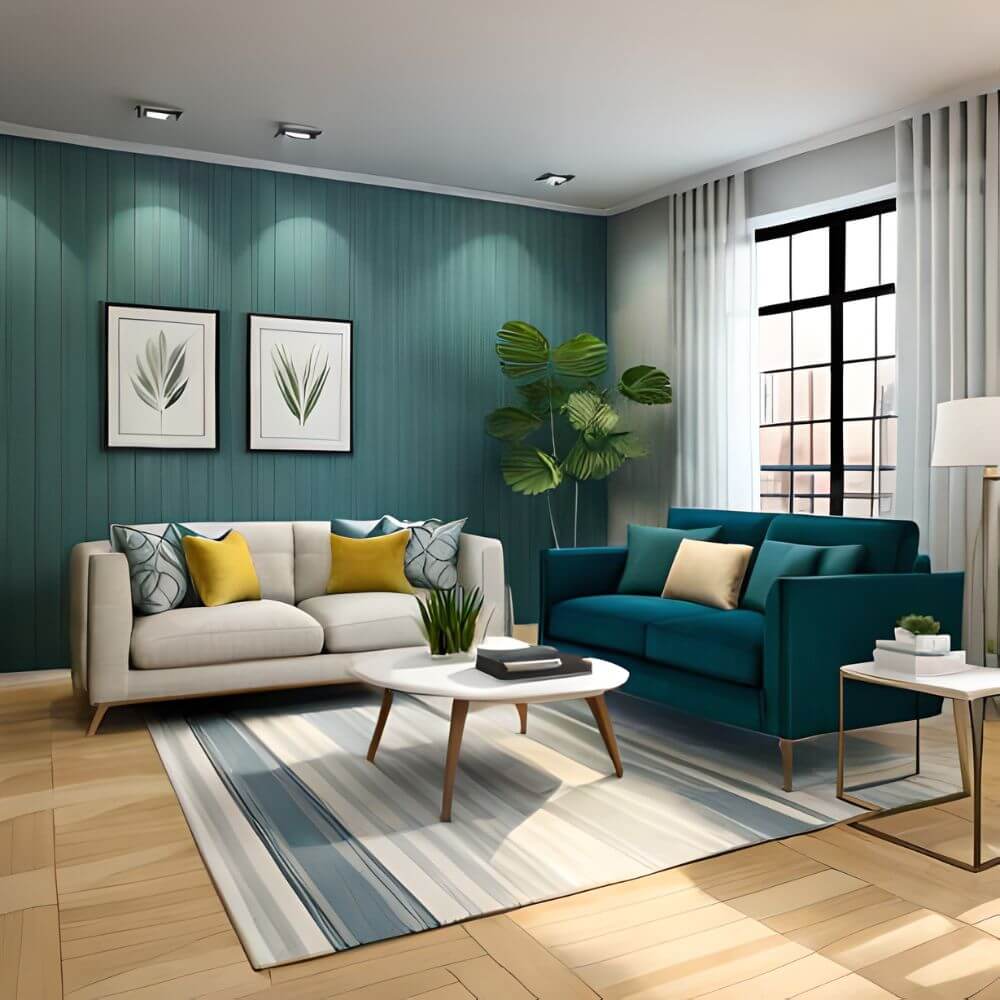 Modernes Wohnzimmer mit hellen Sofas, bunten Kissen und gemütlicher Wohnatmosphäre