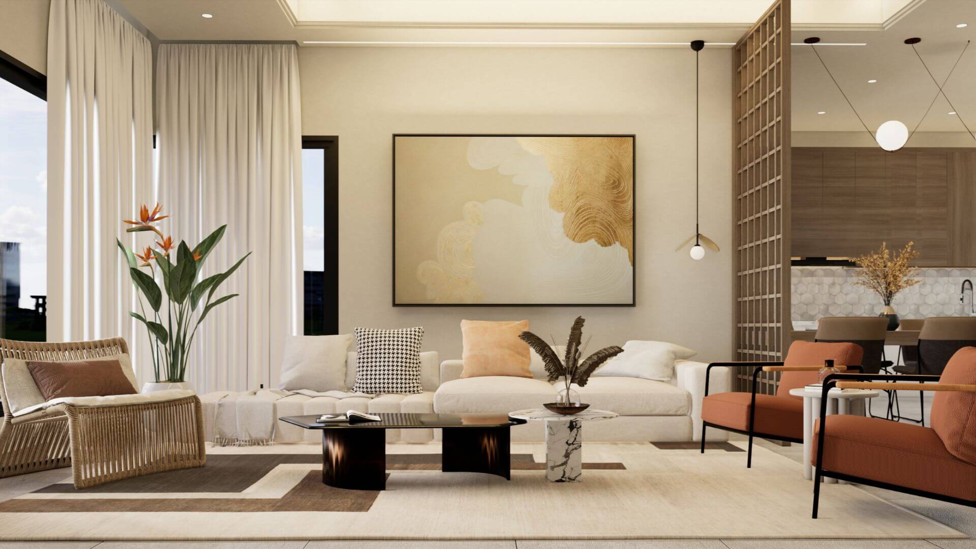 Modern eingerichtetes Wohnzimmer mit stilvollen Möbeln und Wohnaccessoires