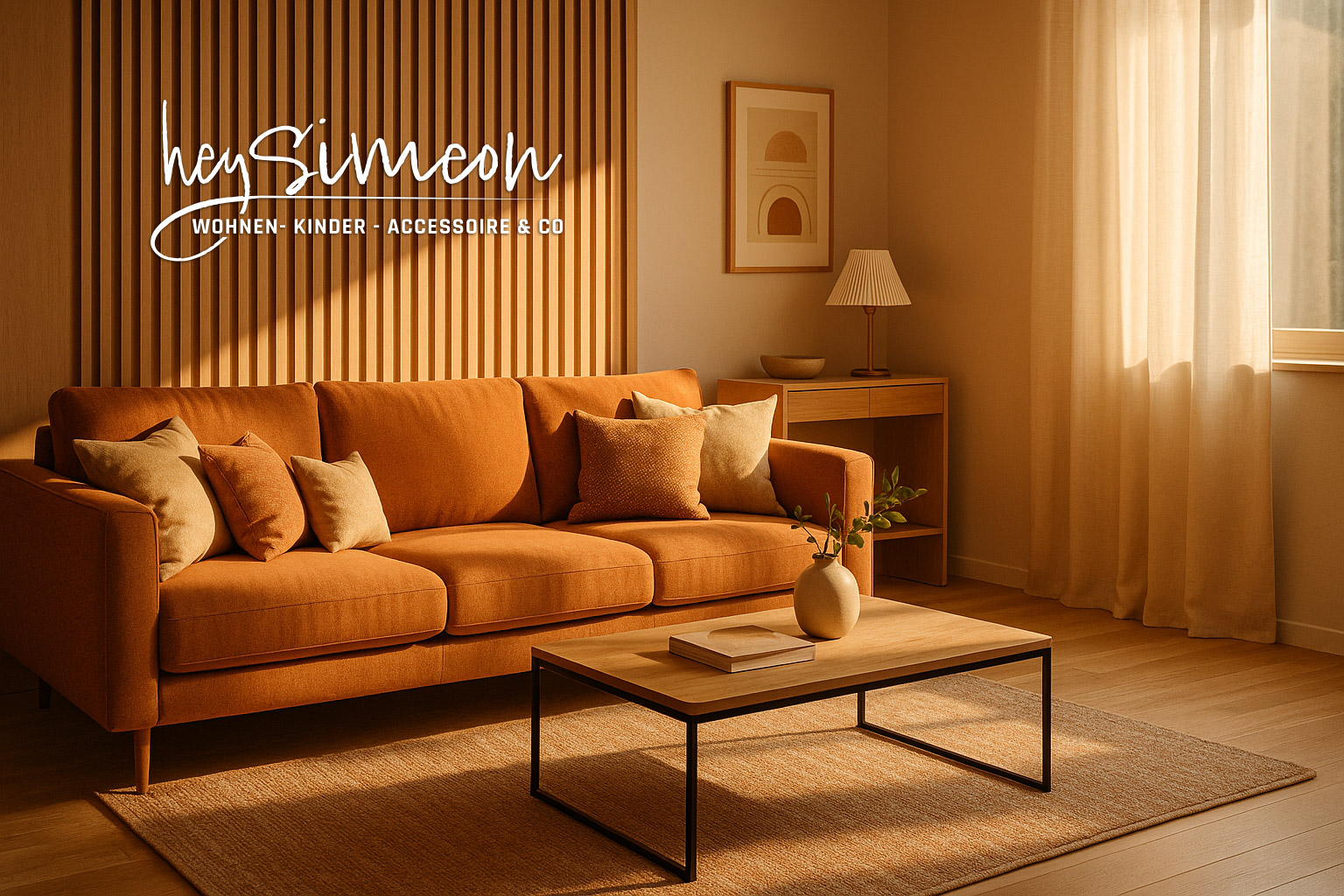 Modernes Wohnzimmer mit orangefarbenem Sofa, Holztisch und minimalistischer Deko, beleuchtet von warmem Sonnenlicht