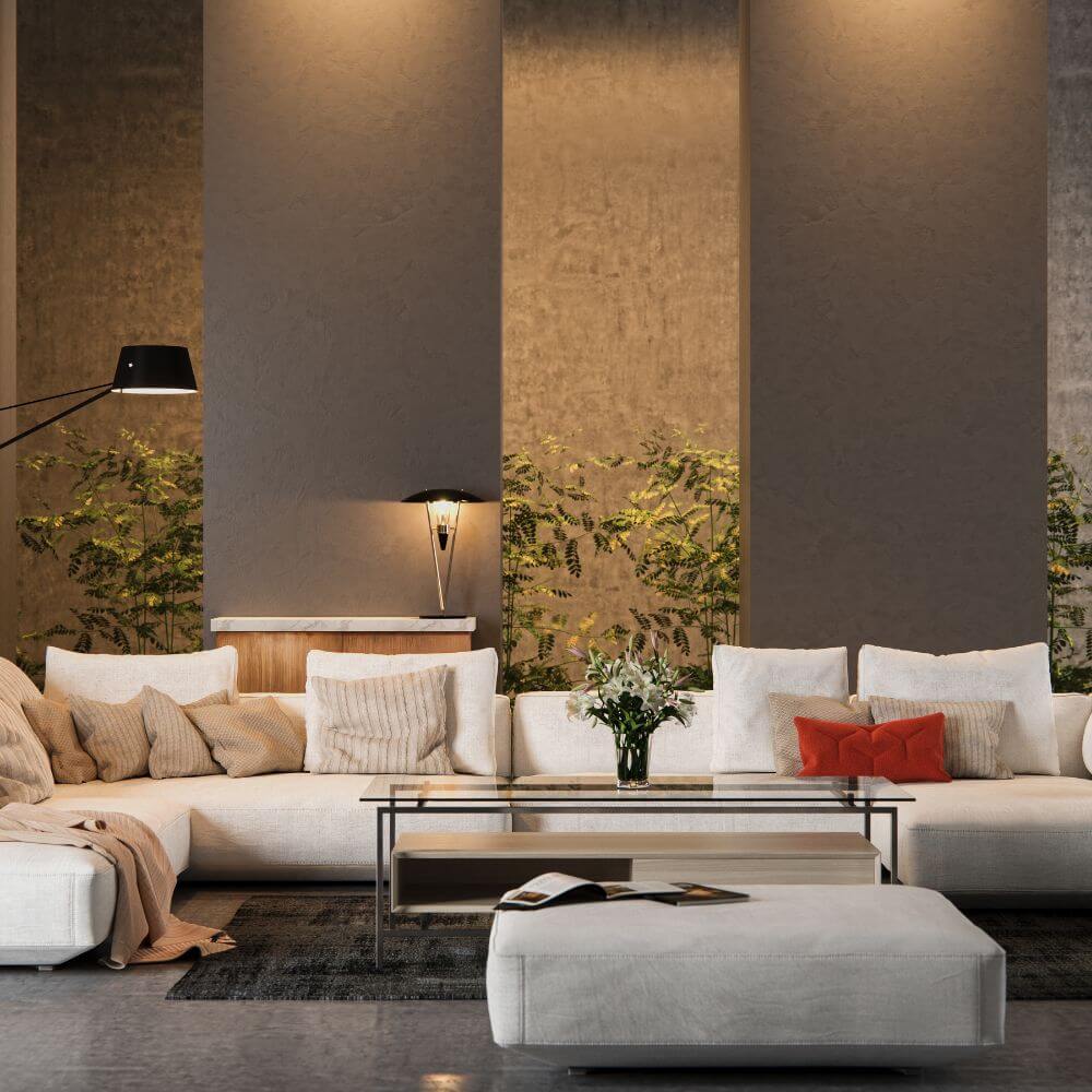 Modernes Wohnzimmer mit großem Ecksofa, Couchtisch und stilvoller Einrichtung