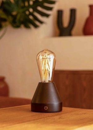 Zavi Dunkelbraune wiederaufladbare LED-Tischlampe – kabellos, dimmbar, 80-Stunden-Akku