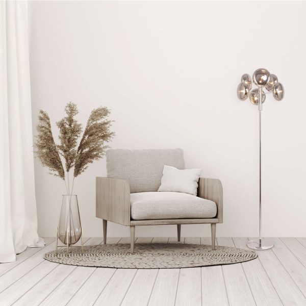 Stehleuchte "ORION" smoky, ca. 165 cm hoch, aus chromfarbenem, rostfreiem Stahl und Rauchglas, G9-Sockel, Beleuchtung für Wohnzimmer, Esszimmer oder Büro. – Bild 4