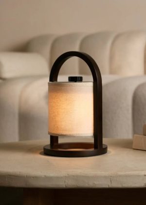 River Dunkelbraune kabellose Holzlampe – wiederaufladbar und dimmbar