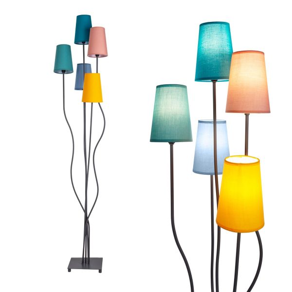 Stehleuchte 5-flammig "COLORA", Stehlampe mit bunten Textilschirmen, 5x E14-Fassung, für Esszimmer, Wohnzimmer, Diele oder Büro, 163 cm hoch – Bild 2