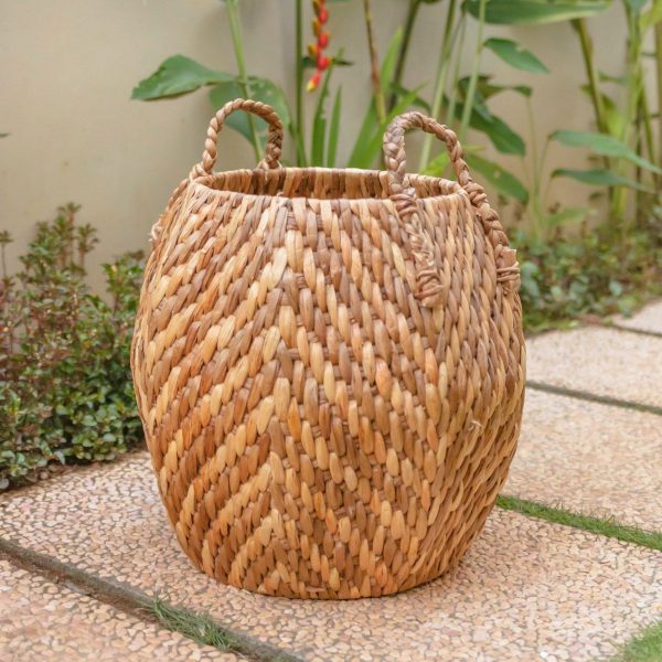 Großer Wäschekorb, Aufbewahrungskorb, dekorativer Korb, runder Korb, Wäschekorb WAYAG aus geflochtener Wasserhyazinthe mit beige-braunem Zick-Zack-Muster – Bild 5