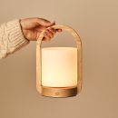 George hellbraune hölzerne wiederaufladbare Lampe in Kombination mit gefrostetem Glas und einem Griff