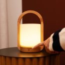 George hellbraune hölzerne wiederaufladbare Lampe in Kombination mit gefrostetem Glas und einem Griff