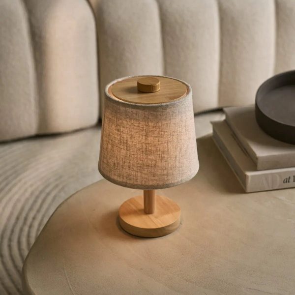 Rover Hellbraune wiederaufladbare Holzlampe | Kabellos, dimmbar mit Stoffschirm – Bild 7