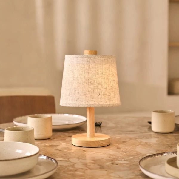 Rover Hellbraune wiederaufladbare Holzlampe | Kabellos, dimmbar mit Stoffschirm – Bild 8