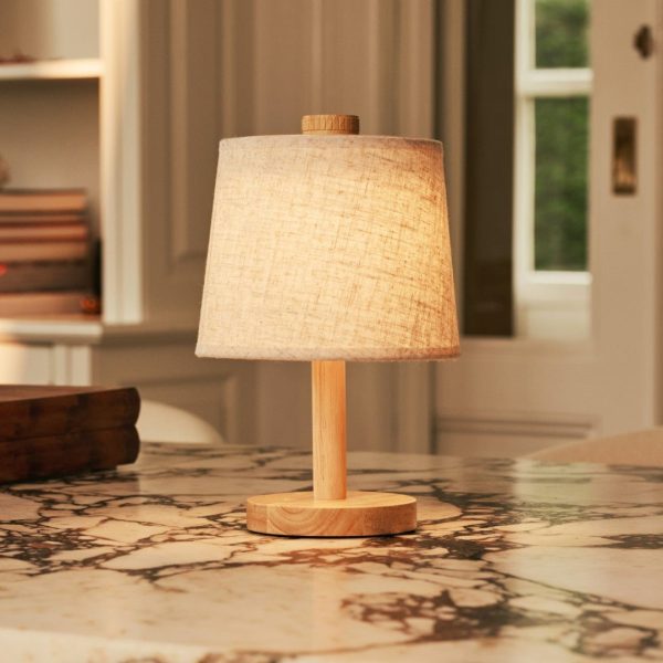 Rover Hellbraune wiederaufladbare Holzlampe | Kabellos, dimmbar mit Stoffschirm – Bild 10