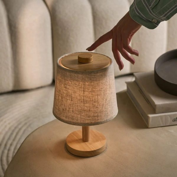 Rover Hellbraune wiederaufladbare Holzlampe | Kabellos, dimmbar mit Stoffschirm – Bild 13