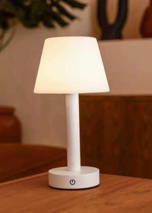 Zoë Weiße wiederaufladbare Tischlampe aus Holz | Kabellos, dimmbar, USB-C, 80-Stunden-Akku