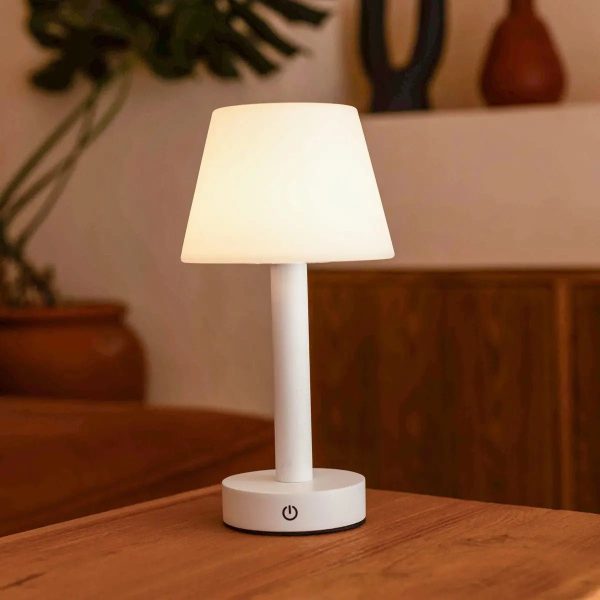 Zoë Weiße wiederaufladbare Tischlampe aus Holz | Kabellos, dimmbar, USB-C, 80-Stunden-Akku