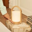George hellbraune hölzerne wiederaufladbare Lampe in Kombination mit gefrostetem Glas und einem Griff