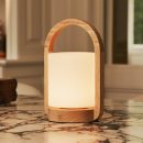 George hellbraune hölzerne wiederaufladbare Lampe in Kombination mit gefrostetem Glas und einem Griff