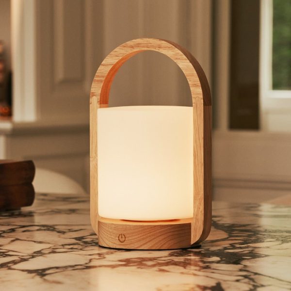George hellbraune hölzerne wiederaufladbare Lampe in Kombination mit gefrostetem Glas und einem Griff