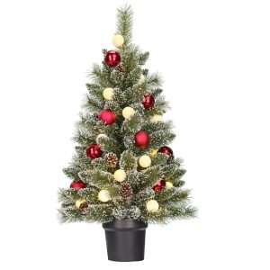 heySimeon | Künstlicher Weihnachtsbaum Kaprun im Topf mit LED-Beleuchtung – Grün gefrostet & Rot H90 cm