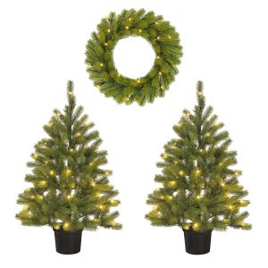 heySimeon | Set aus 2 Weihnachtsbäumen & 1 Weihnachtskranz für Außen mit LED-Beleuchtung und Timerfunktion – Grün H90 cm