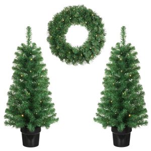 heySimeon | Set: 2 künstliche Weihnachtsbäume & 1 LED-Weihnachtskranz – H90 cm – Grün