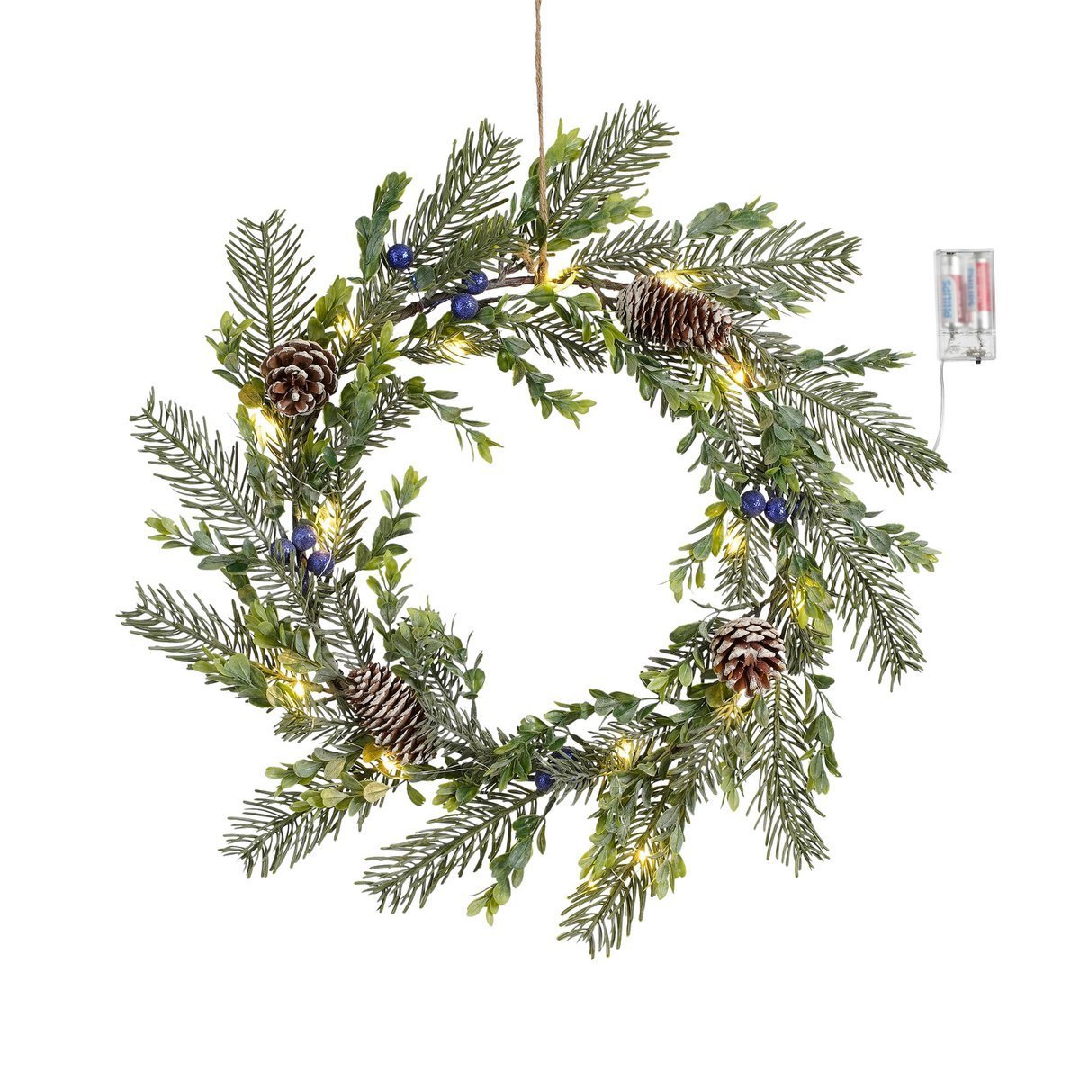 heySimeon | Waldgefrosteter Weihnachtskranz mit LED-Beleuchtung – Grün Ø42 cm