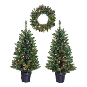 heySimeon | Weihnachtsdeko-Set mit LED – 2 Bäume & 1 Kranz – H90 cm – Grün gefrostet