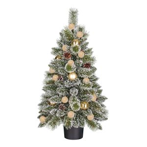 heySimeon | Künstlicher Weihnachtsbaum Kaprun im Topf mit LED-Beleuchtung und Timerfunktion – Grün & Gold H90 cm