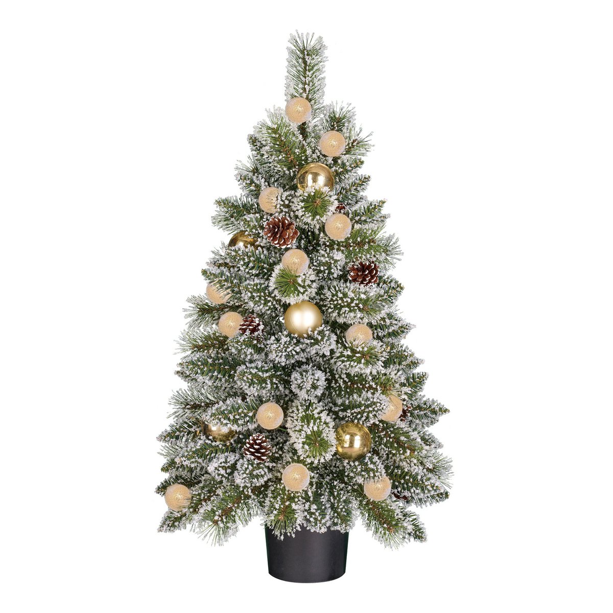 heySimeon | Künstlicher Weihnachtsbaum Kaprun im Topf mit LED-Beleuchtung und Timerfunktion – Grün & Gold H90 cm