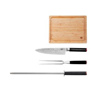 Messer- und Küchenzubehör-Set – Das BBQ-Set Deluxe: Gyuto (Kochmesser) + Tranchiergabel + Wetzstahl + Bambus-Schneidebrett