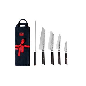 Set aus Messern und Küchenzubehör – Bunka Complete Set Deluxe (C): 4 Messer (Bunka Schälmesser + Bunka Petty + Bunka Santoku + Kiritsuke) + 2 Zubehörteile (Rollmessertasche aus 100 % Baumwolle + Wetzstahl)