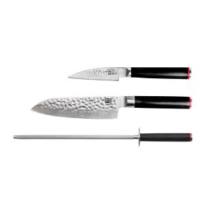Messer- und Küchenzubehör-Set – Das Starter-Set Deluxe Edition (A): 2 Messer (Gemüsemesser + Santoku) + Wetzstahl