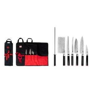 Set aus Messern und Küchenzubehör – Das Komplettset Traveller Edition (B): 6 Messer (Schälmesser + Santoku + Gyuto + Filetmesser + Brotmesser + Hackbeil) + 2 Zubehörteile (Wetzstahl + aufrollbare Messertasche aus 100 % Baumwolle)